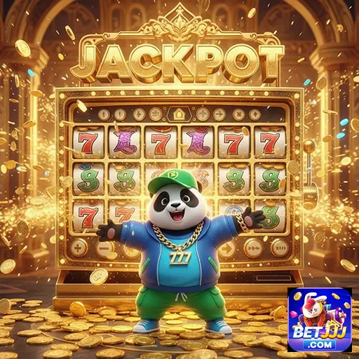 Panda sortudo na máquina caça-níqueis Jackpot da Betjjj, simbolizando diversão e grandes prêmios.