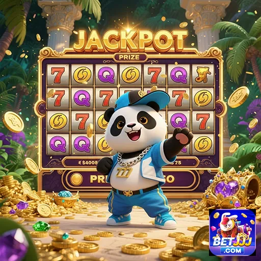 Imagem da slot jackpot Panda no site betjjj, mostrando símbolos e roletas coloridas.